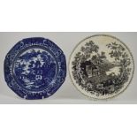 A late eighteenth century blue and white Harrison Two Figures pattern plate, circa 1790. Together