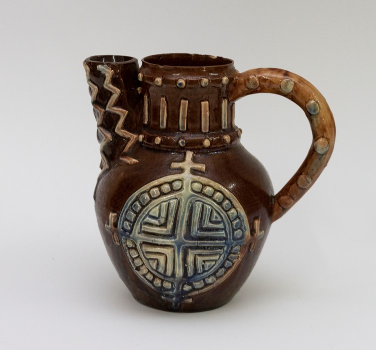A late nineteenth century Castle Hedingham Pottery Art Pottery handle jug/teapot, circa 1880. It has - Image 3 of 5