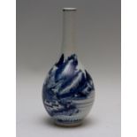 A 19th Century Chinese blue and white bottle vase, painted with a mountainous landscape with a