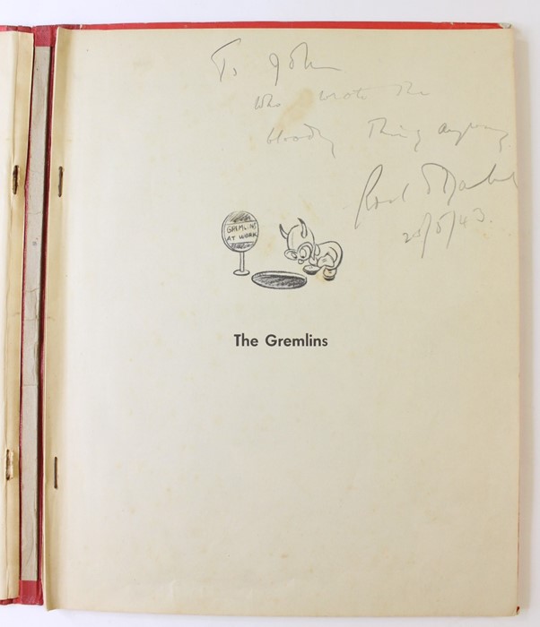 Dahl, Roald. The Gremlins, New York: Random House, 1943. Dahl's scarce first book. Presentation copy