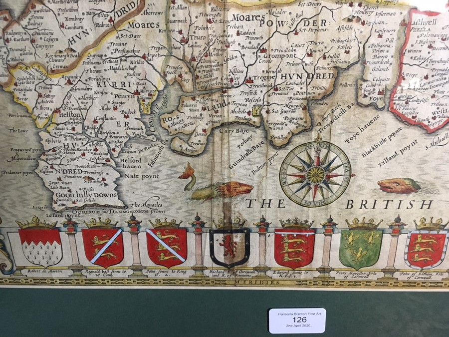 Speed, John. 17th-century map of Cornwall, hand-coloured copper engraving on laid/chain-lined paper, - Image 4 of 4