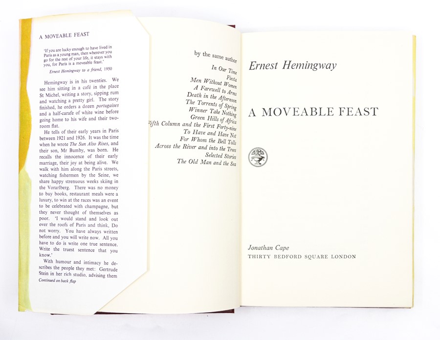 Hemingway, Ernest. A Moveable Feast, first edition, London: Jonathan Cape, 1964, publisher's - Image 2 of 2