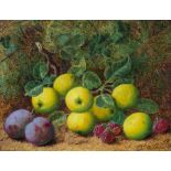 Oliver Clare (British, 1853-1927), a still life of apples, plums and raspberries on a mossy bank,