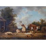 Belgian School, The Angry Milkmaid, oil on panel, 32 by 44cm, gilt frame