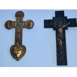 A 19th Century brass ecclesiastical crucifix cross; another similar with enamel (2)