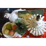 A collection of assorted items including basket, dispenser, ceramic trays, opera glasses, lamp,