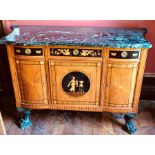 A French empire design marquetry, satinwood and ebonised inlaid sideboard with green marble top,