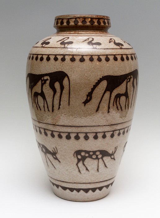 A large West German studio pottery baluster vase, decorated with a frieze of primitive or tribal - Image 3 of 4