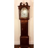 A George III oak and mahogany longcase 8 day clock by J Holliwell of Derby, globe finial on swan