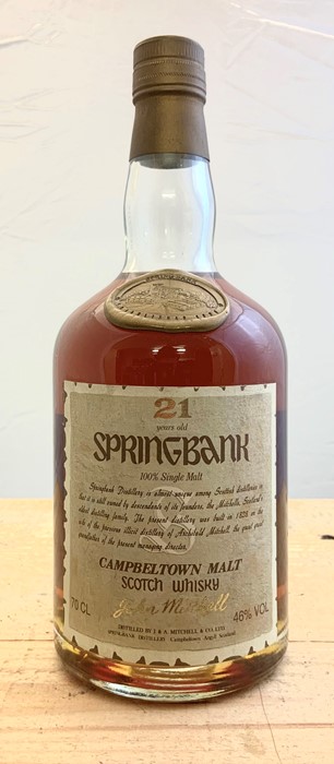 A bottle of old presentation Springbank 21 Year Old single malt whisky. Region: Campbeltown