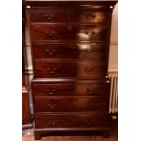 A George III mahogany chest on chest, circa 1770, plain cornice, two short over three long drawers