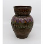 Christopher Dresser for Linthorpe art pottery, sgraffito decorated baluster vase. Impressed HT