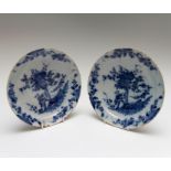Pair of Tin-glazed earthenware hand-painted blue and white delftware plates, circa 1750-80. Each