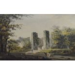 Manner of David Cox, figures in front of a castle ruin, watercolour, 30 by 45cm, framed