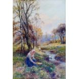 Ernest Walbourn (British, 1872-1927), a figure fishing in a stream whilst a young lady looks on: a