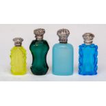 Four 19th Century coloured glass scent bottles, to include one uranium yellow, one opaque blue,