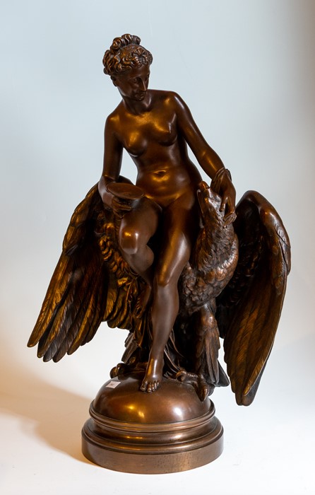 A French Louis Julian bronze figure group of Hebe and Jupitar with an eagle, having a foundry