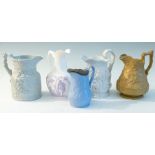 Five nineteenth century relief moulded jugs, circa 1840-70. Included are: C J Mason Falstaff Jug,