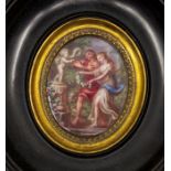 A 19th Century oval enamel miniature of a Watteau style scene with figures performing a dance, 4cm