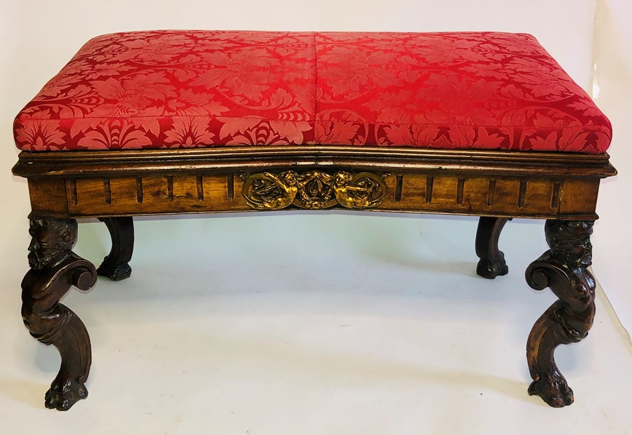 A 19th Century French/Italian oak upholstered window seat, rectangular top, above a moulded frame