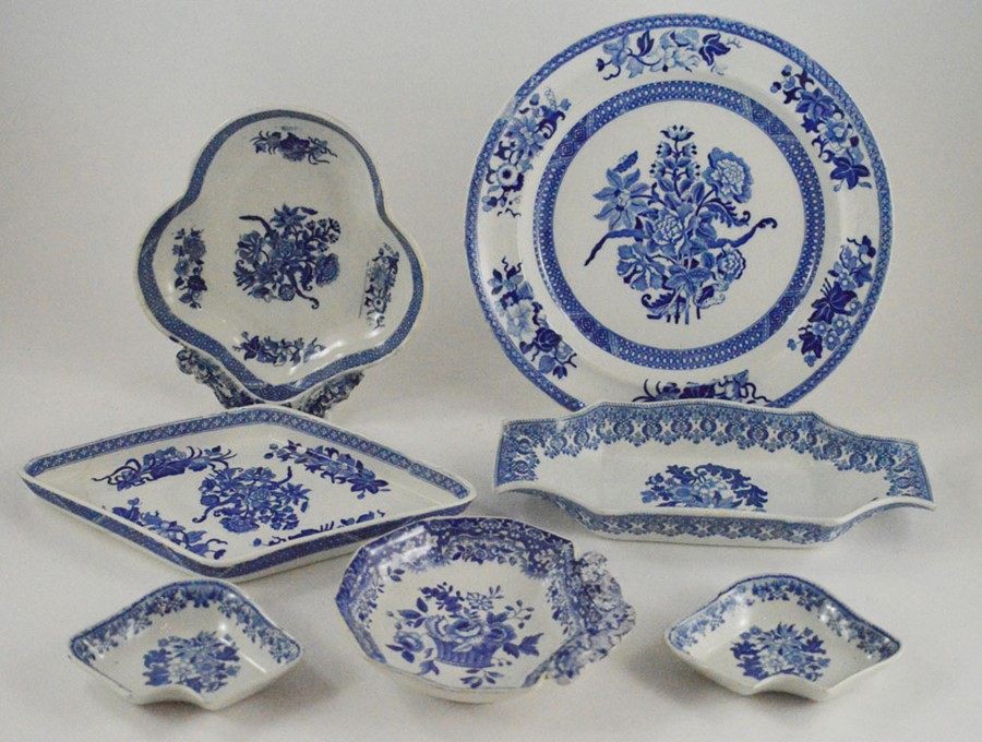 A collection of seven early nineteenth century blue and white transfer printed Spode wares, circa