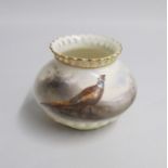 A Royal Worcester Vase with a pierced, painted with a Pheasant.  Signed by Jas Stinton. Shape 1045G.