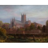 British School, 19th Century, a view of Worcester Cathedral, indistinctly signed l.l., oil on
