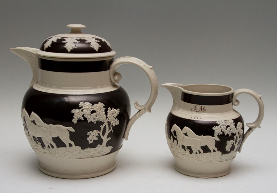 Two early nineteenth century Chetham and Woolley feldspathic stoneware jugs, circa 1810-20. Both