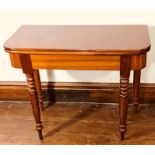 A George III mahogany fold out tea table, circa 1800, rounded rectangular top fold out twist action,