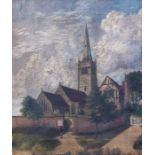 British School, 19th Century, view of a church with a figure by the gate, oil on canvas, 35.5 by
