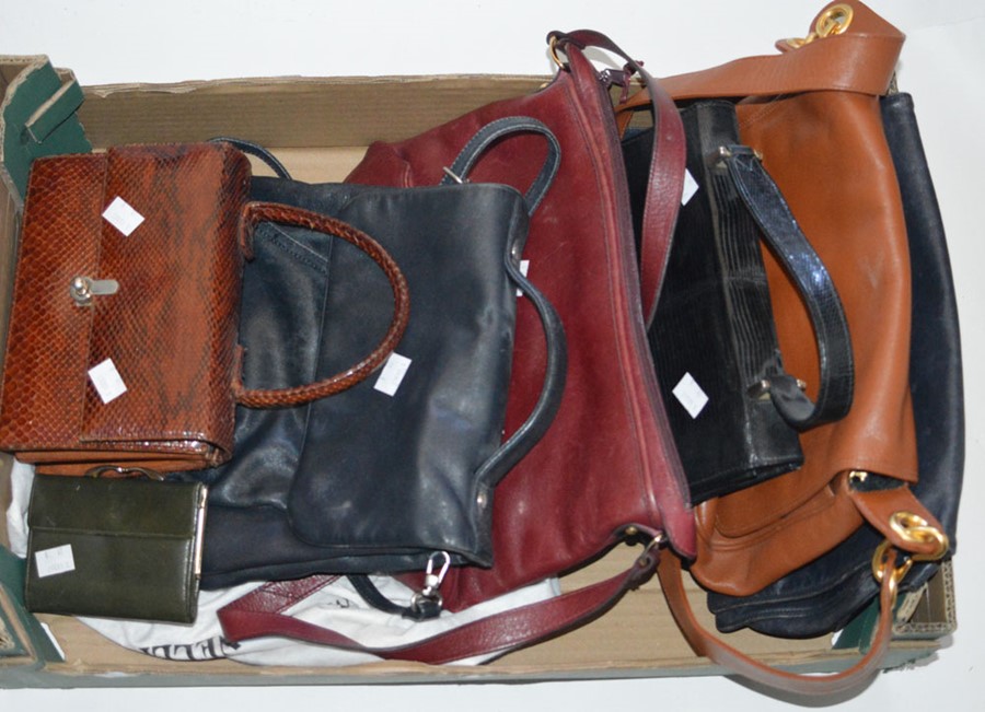 A collection of leather bags to include a Ganson Burgundy leather; Large Flat saddle bag design. A