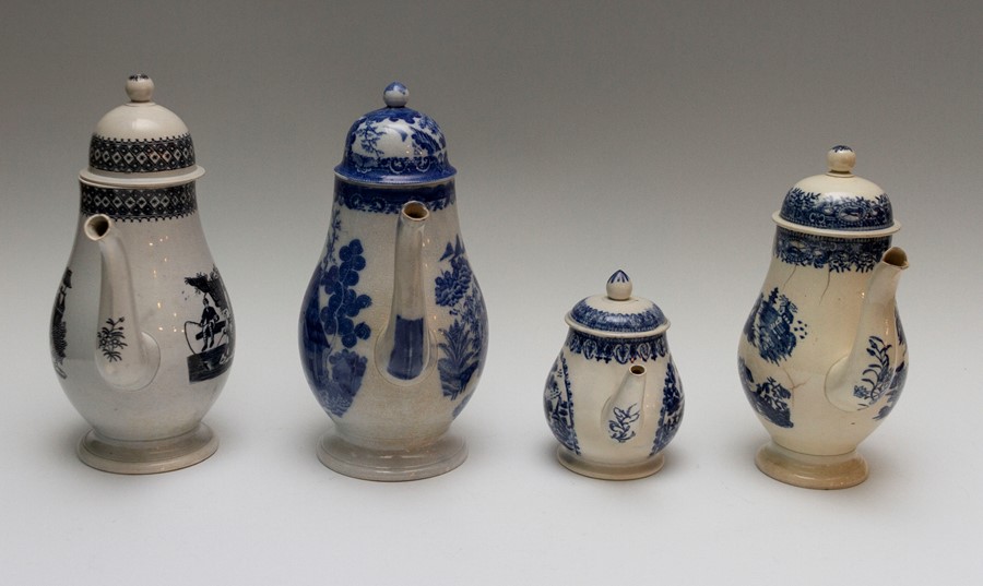 Four late eighteenth, early nineteenth century blue and white transfer printed coffee pots, circa - Image 2 of 4