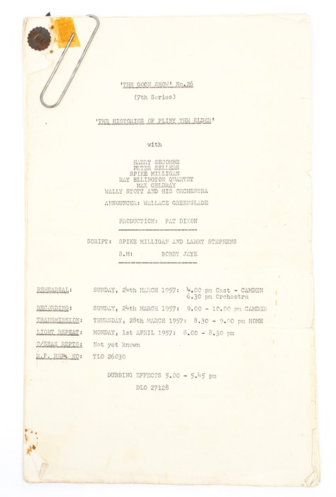 The Goon Show, two working scripts, one with title page: No.26 (7th Series), 'The Histories of Pliny