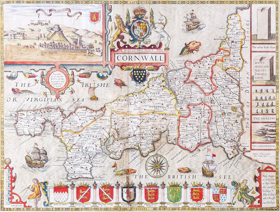 Speed, John. 17th-century map of Cornwall, hand-coloured copper engraving on laid/chain-lined paper,