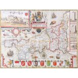 Speed, John. 17th-century map of Cornwall, hand-coloured copper engraving on laid/chain-lined paper,