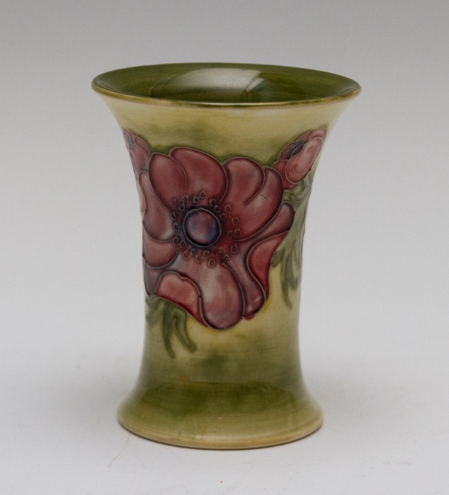 A Moorcroft tapered anemone vase, impressed marks and Queen Mary paper label, height 11cm - Image 2 of 4