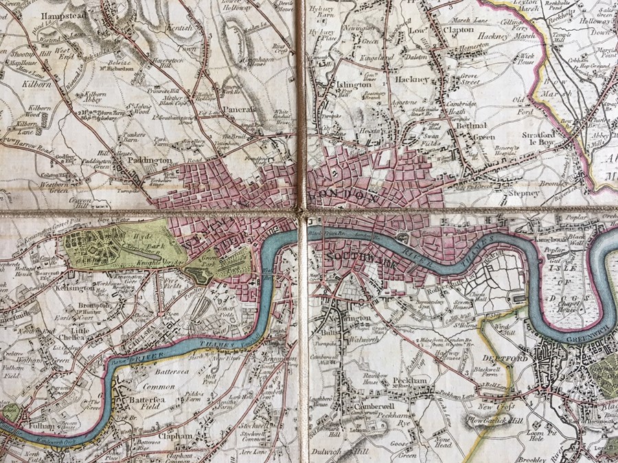 Faden, William (1749-1836). George III period map of London, 1795. Hand-coloured copper engraving on