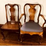 A George I walnut carver on cabriole legs; a similar mahogany chair (2)