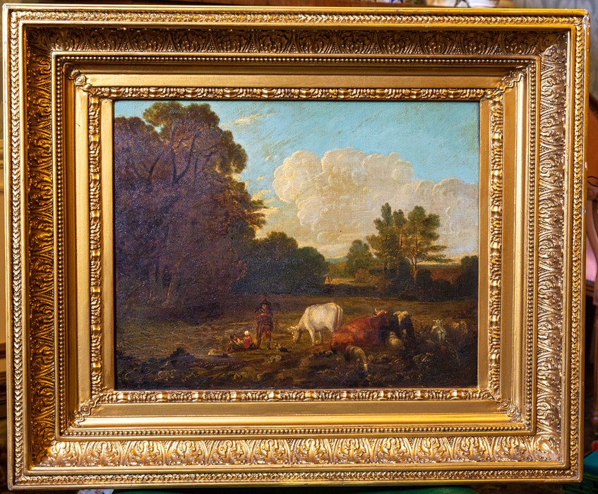 British School, late 18th Century, figures and cattle in a wooded landscape, bears signature T. - Image 2 of 2