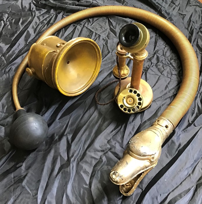 Brass Snake Horn (working), as used on Chitty, along with spare headlamp , ,brass Telephone and