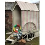 Beach Hut with picnic basket, blanket, bucket, rubber ring, ball.