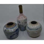 Two early 19th Century Chinese export blue and white ginger jars, no lids, along with a Japanese