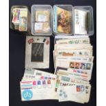 A collection of stamps, postcards to include; FDC's, as list, cigarette silks 102 x Kensitas loose