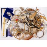 A collection of costume jewellery to include; rings, chains, bangles, ladies and gents watches,