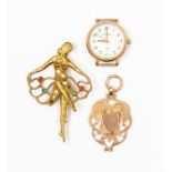 An 9ct rose gold medallion, total gross weight approx. 6gms, a 9ct gold cased Jean Pierre watch,