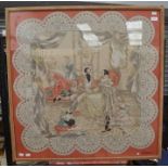 A framed and glazed 1950s silk scarf by Jacqmar depicting a Young Queen Victoria and Prince Albert