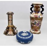 A collection of Masons ironstone, floral clock, vase, candlestick, along with a Jasper ware lidded