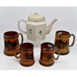 A Continental hand painted teapot, along with four ceramic tankards