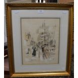 A watercolour depicting an abstract scene, indistinctly signed, to lower right, mounted and framed