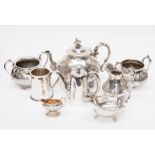 A collection of silver-plate comprising tea set, jug, water pot, muffin dish, pedestal lidded dish